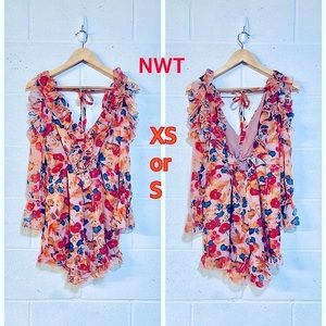 NWT ruffle romper minidress long bell sleeves flutter floral orange chiffon